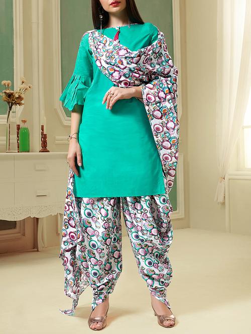 green cotton unstitched patiyalal suit - 15236050 - Very Small Image - 1