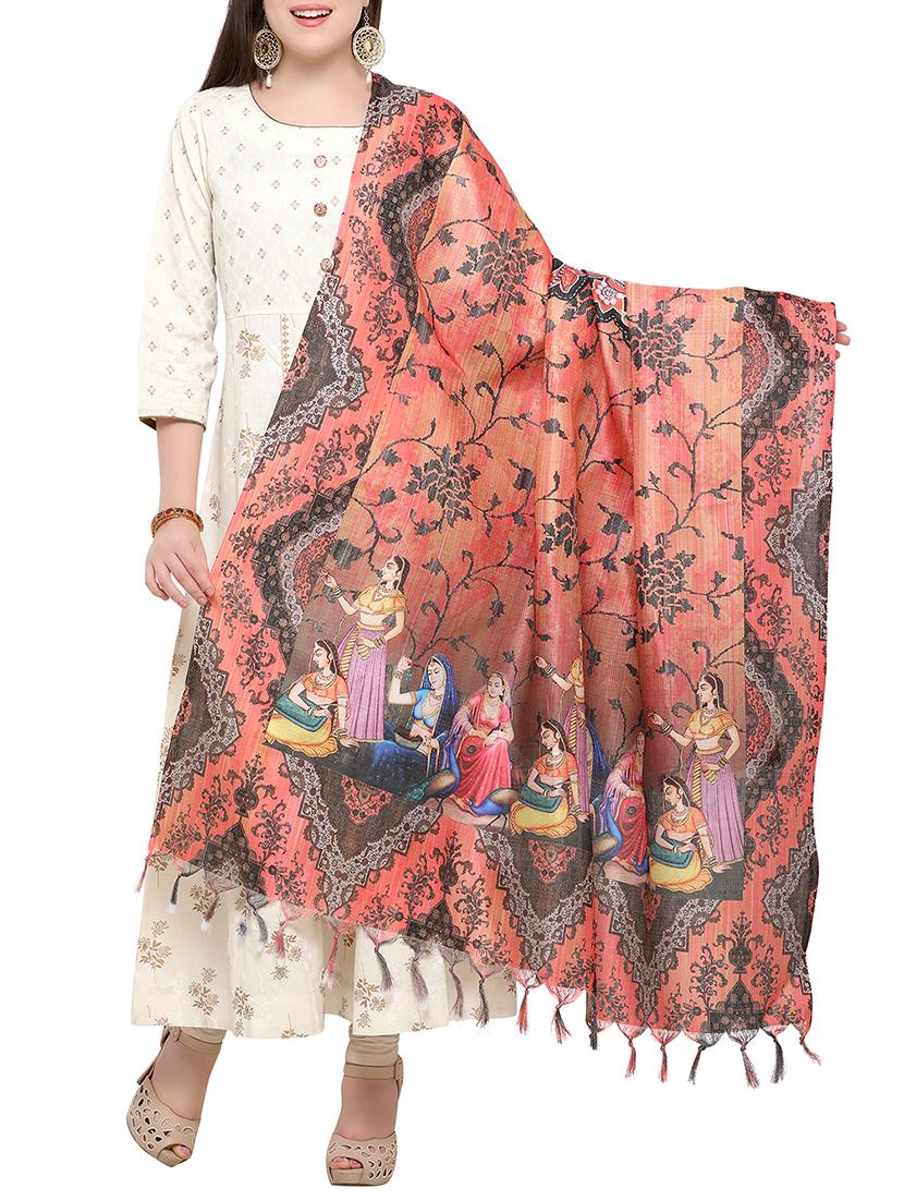 orange khadi printed dupatta - 15236101 - Zoom Image - 1