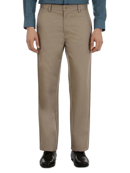beige cotton flat front casual trousers - 15236244 - Standard Image - 1