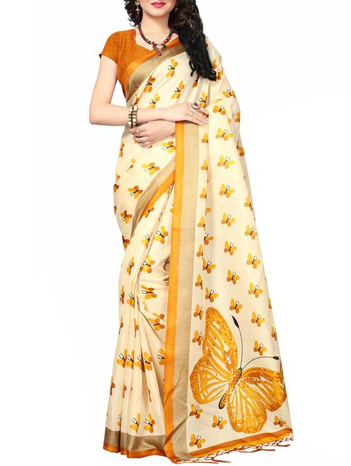 cream silk blend printed saree with blouse - 15237608 - Standard Image - 1