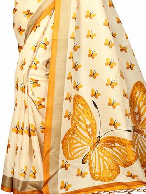 cream silk blend printed saree with blouse - 15237608 - Standard Image - 4