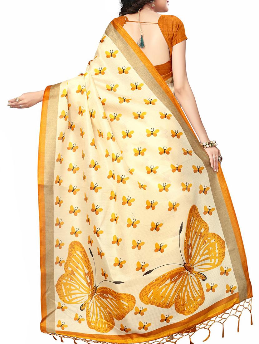 cream silk blend printed saree with blouse - 15237608 - Zoom Image - 2