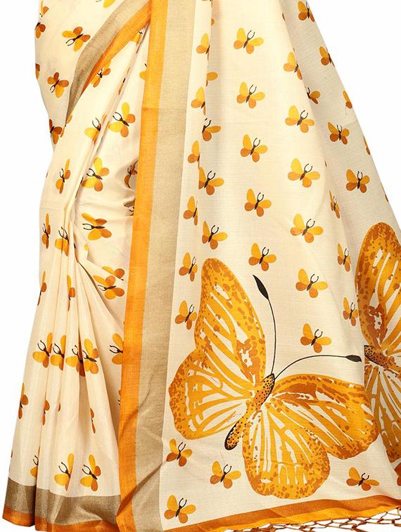 cream silk blend printed saree with blouse - 15237608 - Zoom Image - 4