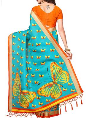 sky blue silk blend printed saree with blouse - 15237617 - Standard Image - 2