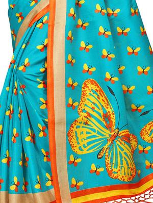 sky blue silk blend printed saree with blouse - 15237617 - Standard Image - 4