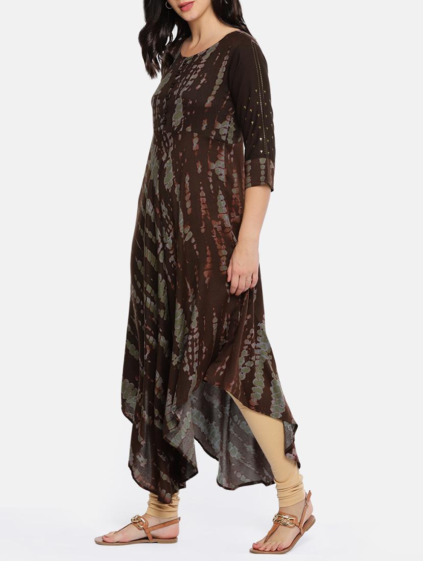 brown rayon asymmetric kurta - 15238160 - Zoom Image - 2