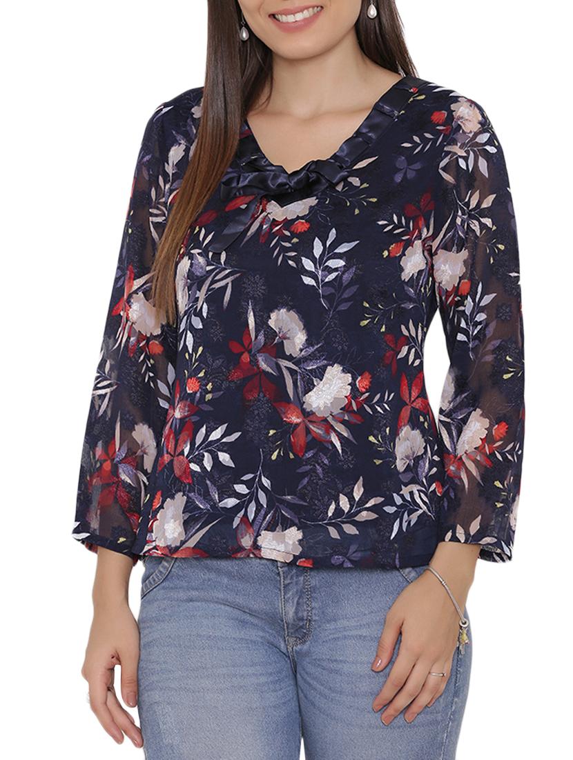 navy blue printed chiffon top - 15238857 - Zoom Image - 1