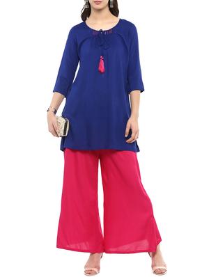 blue rayon a-line solid kurta - 15238983 - Standard Image - 4