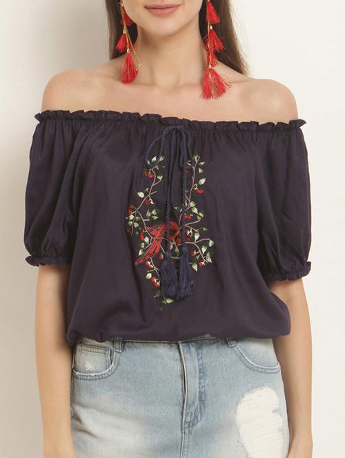 off shoulder embroidered blouson top - 15240608 - Standard Image - 1