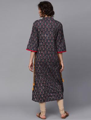 black cotton straight kurta - 15242677 - Standard Image - 3