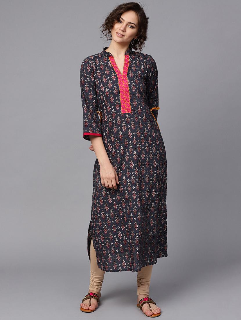 black cotton straight kurta - 15242677 - Zoom Image - 1
