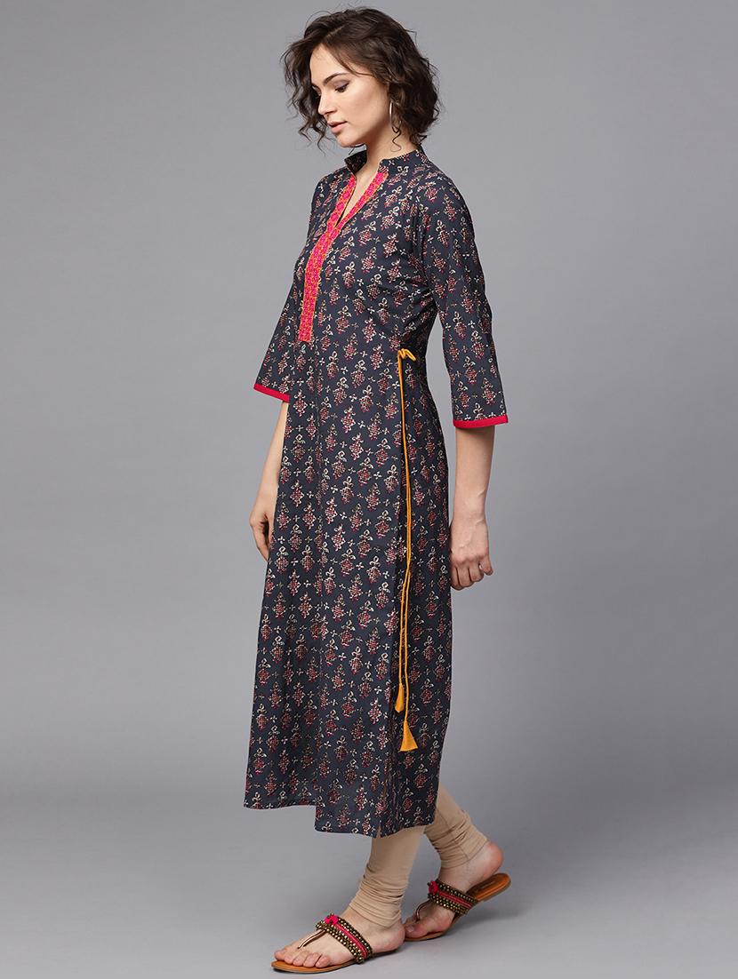 black cotton straight kurta - 15242677 - Zoom Image - 2