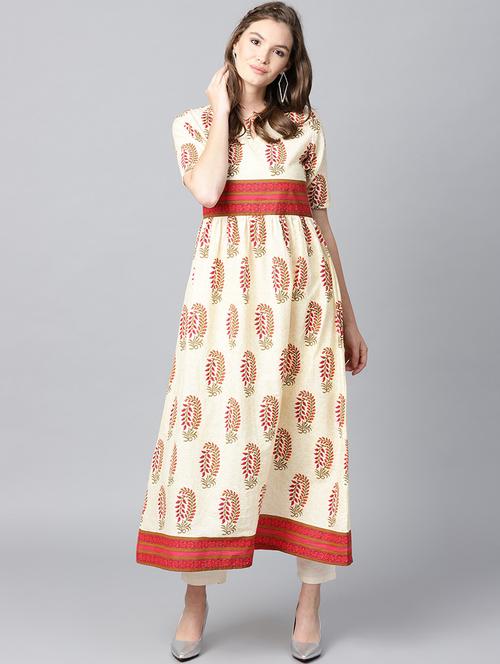 cream cotton flared kurta - 15242683 - Standard Image - 1