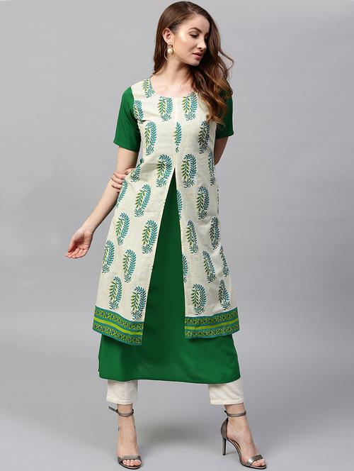 green cotton layered kurta - 15242685 - Very Small Image - 1