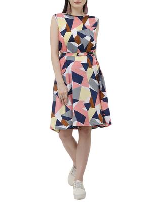 geometric belted fit and flare dress - 15245593 - Standard Image - 4