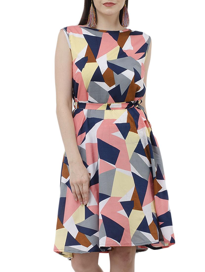 geometric belted fit and flare dress - 15245593 - Zoom Image - 1
