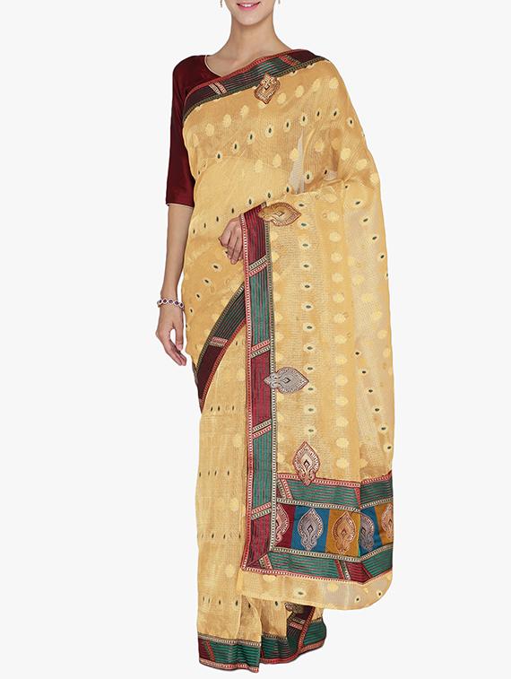 beige chanderi saree with blouse - 15250886 - Zoom Image - 1