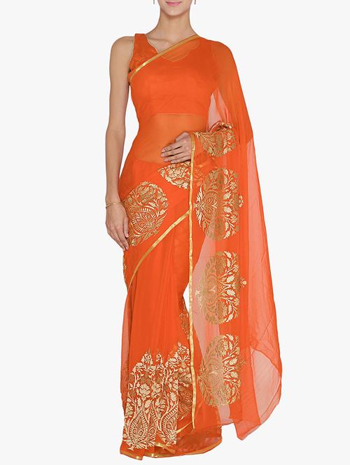 orange chiffon embroidered saree with blouse - 15250890 - Very Small Image - 1