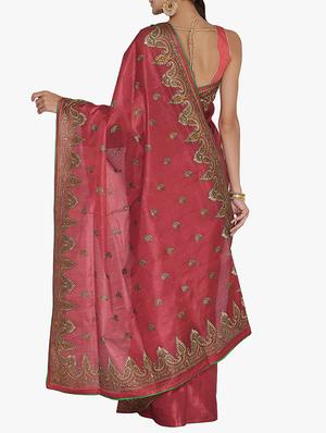 pink tussar silk embroidered saree with blouse - 15250897 - Standard Image - 2