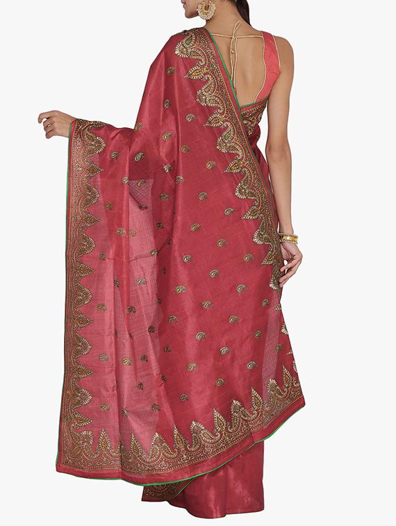 pink tussar silk embroidered saree with blouse - 15250897 - Zoom Image - 2