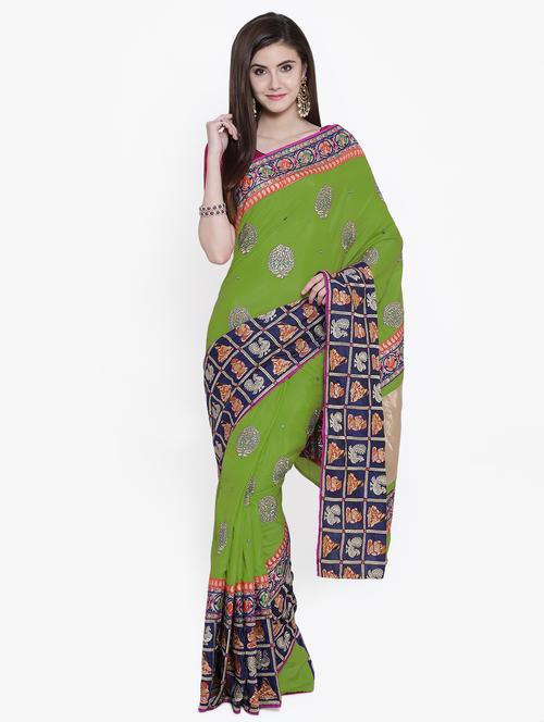 green georgette embroidered saree with blouse - 15250909 - Standard Image - 1
