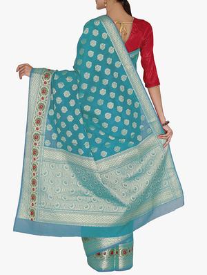 sky blue art silk banarasi saree with blouse - 15250916 - Standard Image - 2