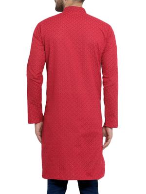 red cotton medium kurta - 15252433 - Standard Image - 3