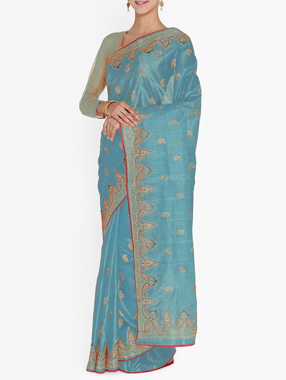 sky blue tussar silk embroidered saree with blouse - 15253013 - Zoom Image - 1