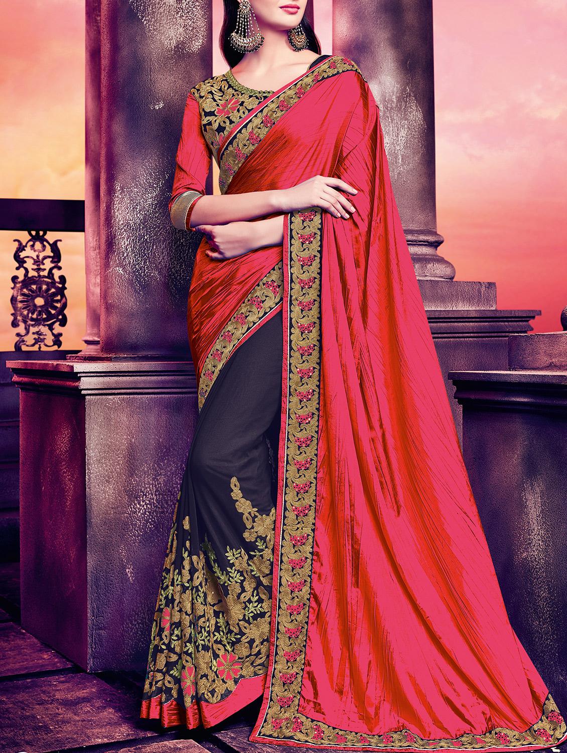 red georgette half & half saree with blouse - 15253188 - Zoom Image - 1