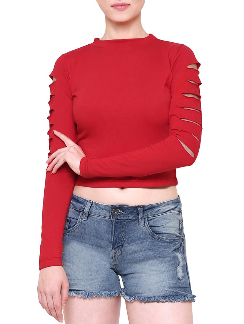 red solid cotton cut out crop top - 15254542 - Zoom Image - 1