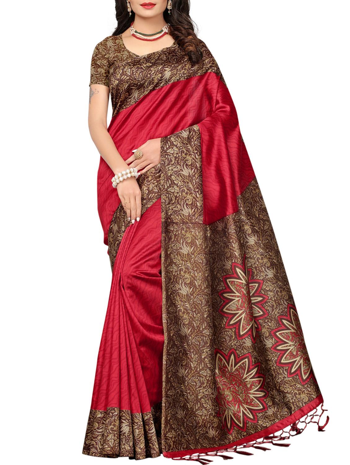red cotton silk printed saree with blouse - 15258050 - Zoom Image - 1