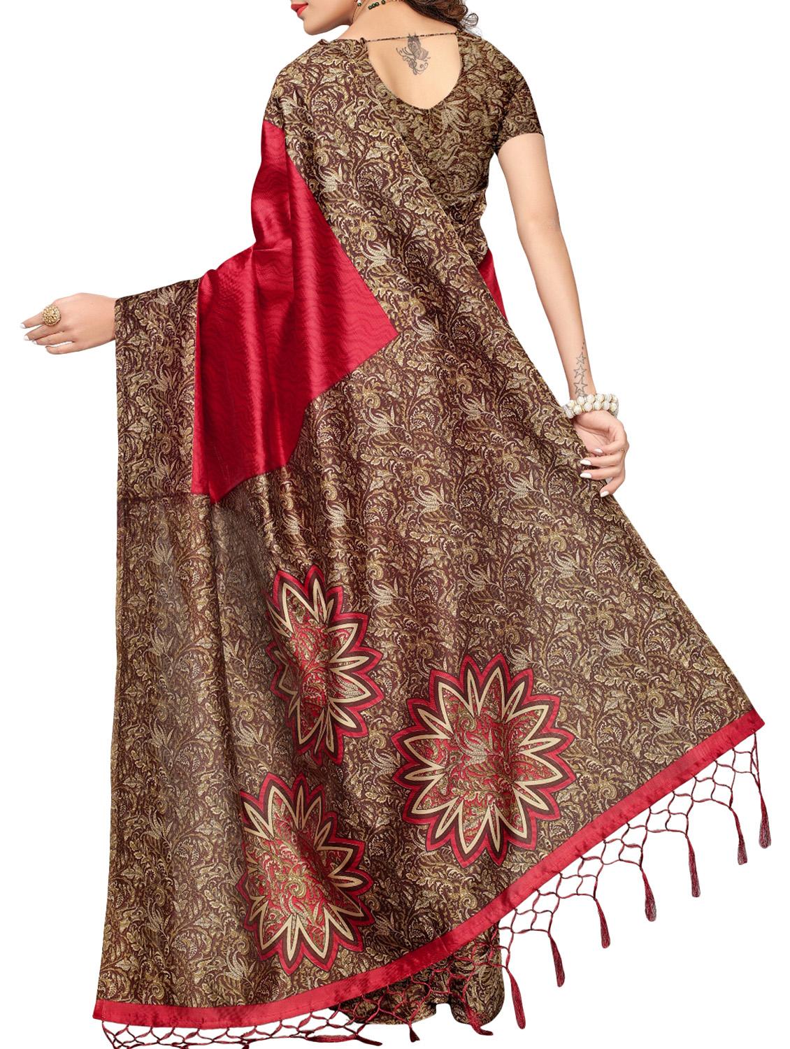 red cotton silk printed saree with blouse - 15258050 - Zoom Image - 2