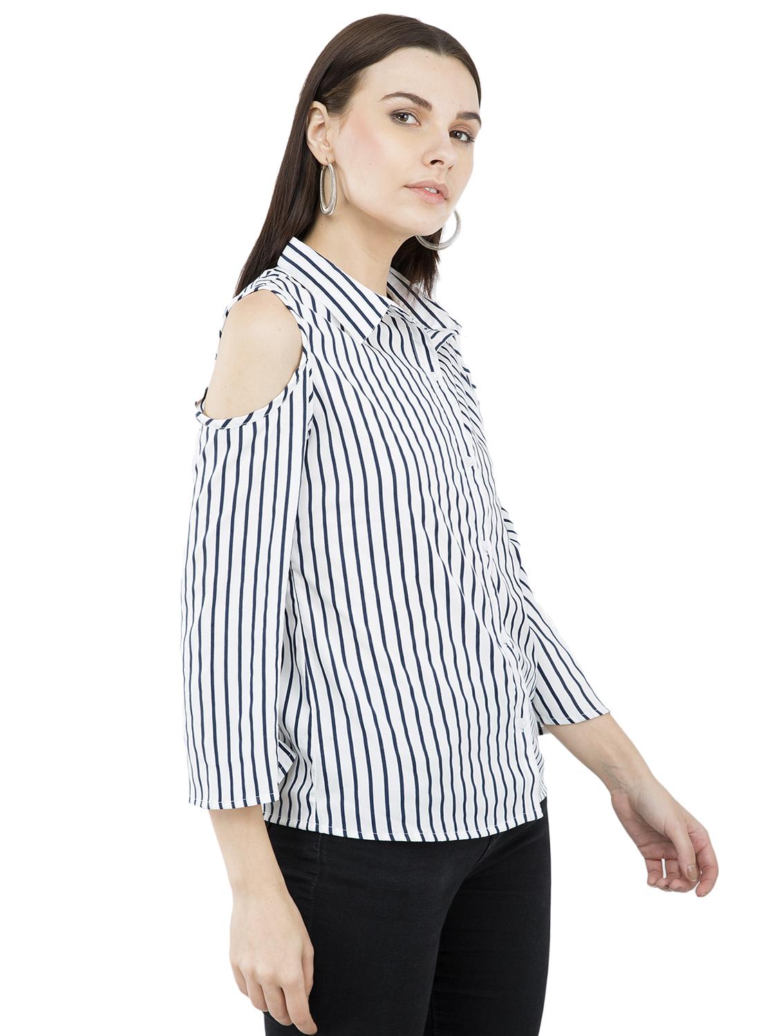 white crepe striped cold shoulder shirt - 15258847 - Zoom Image - 2