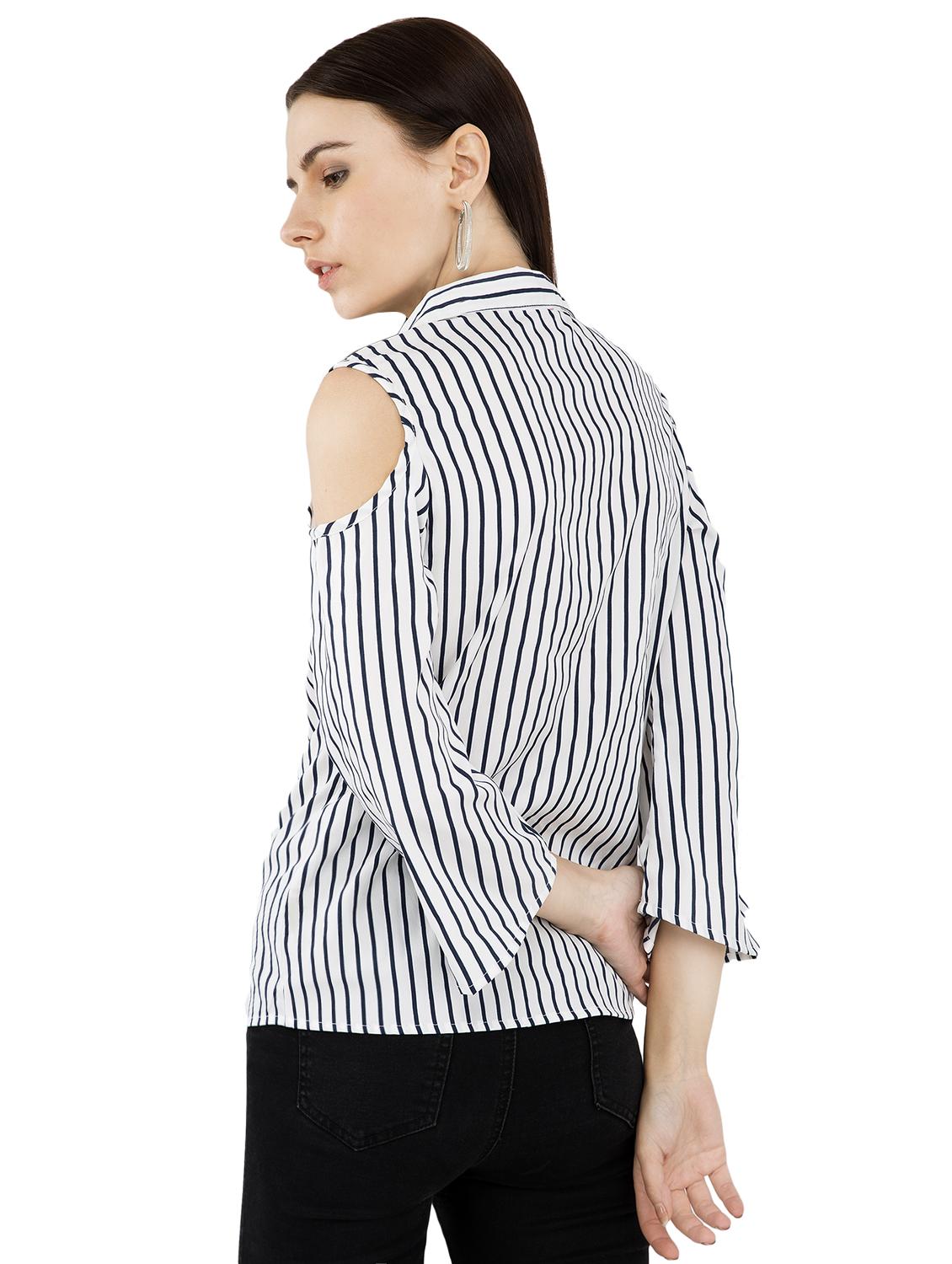 white crepe striped cold shoulder shirt - 15258847 - Zoom Image - 3