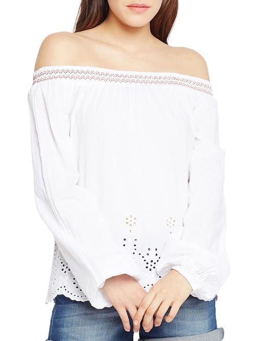 schiffli smocked off shoulder top - 15260820 - Very Small Image - 1
