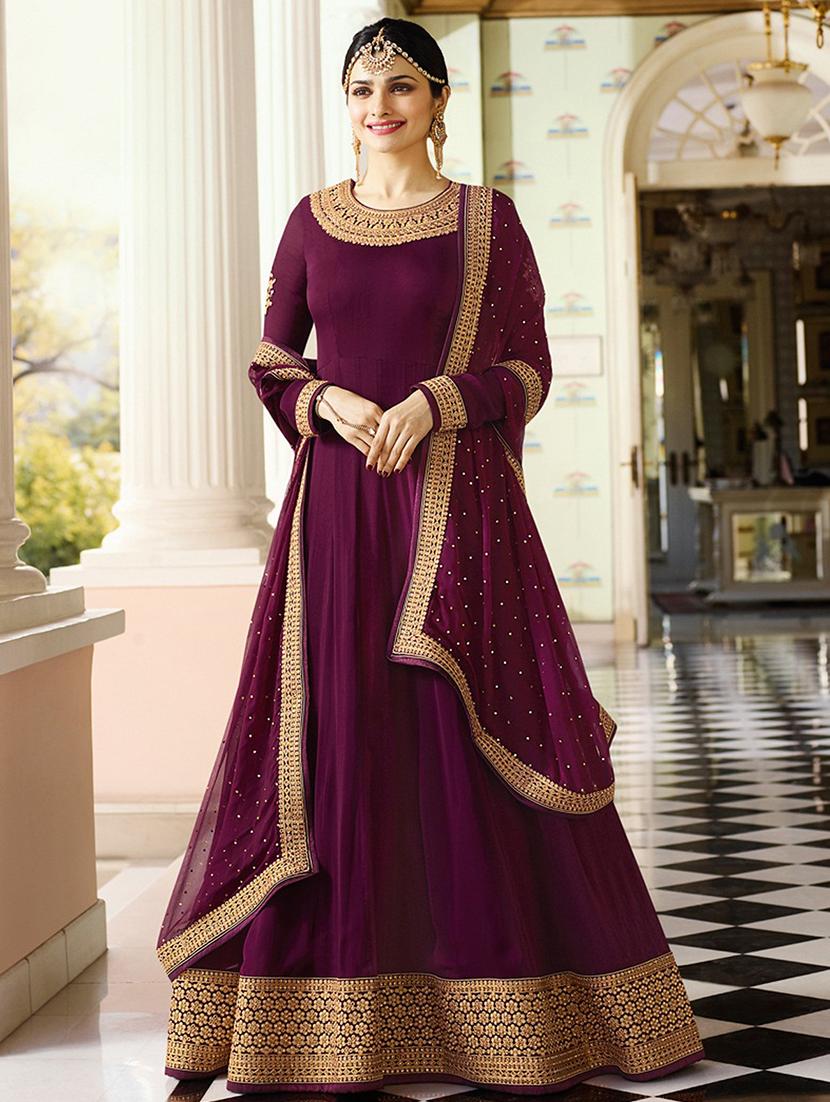 Purple embroidered semi-stitched anarkali suit - 15261012 - Zoom Image - 1