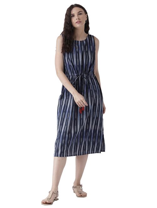navy blue cotton printed a-line dress - 15261069 - Standard Image - 1