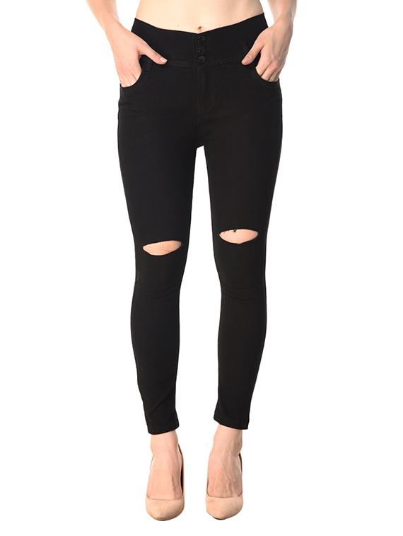 black solid denim knee slit jeans - 15261399 - Zoom Image - 1