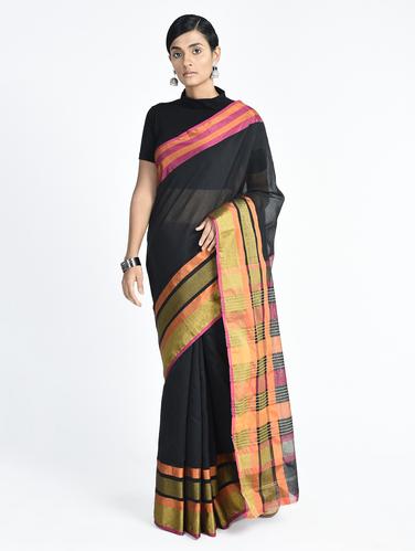 Contrast bordered saree with blouse - 15261818 - Very Small Image - 1