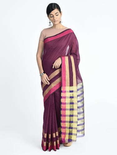Contrast bordered saree with blouse - 15261836 - Very Small Image - 1