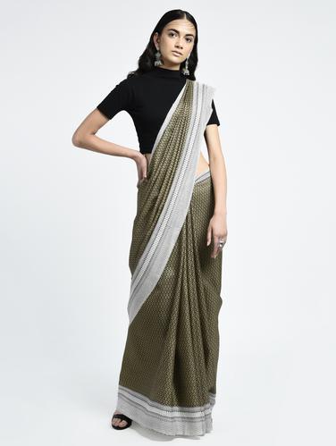 Geometrical bordered saree with blouse - 15261925 - Very Small Image - 1