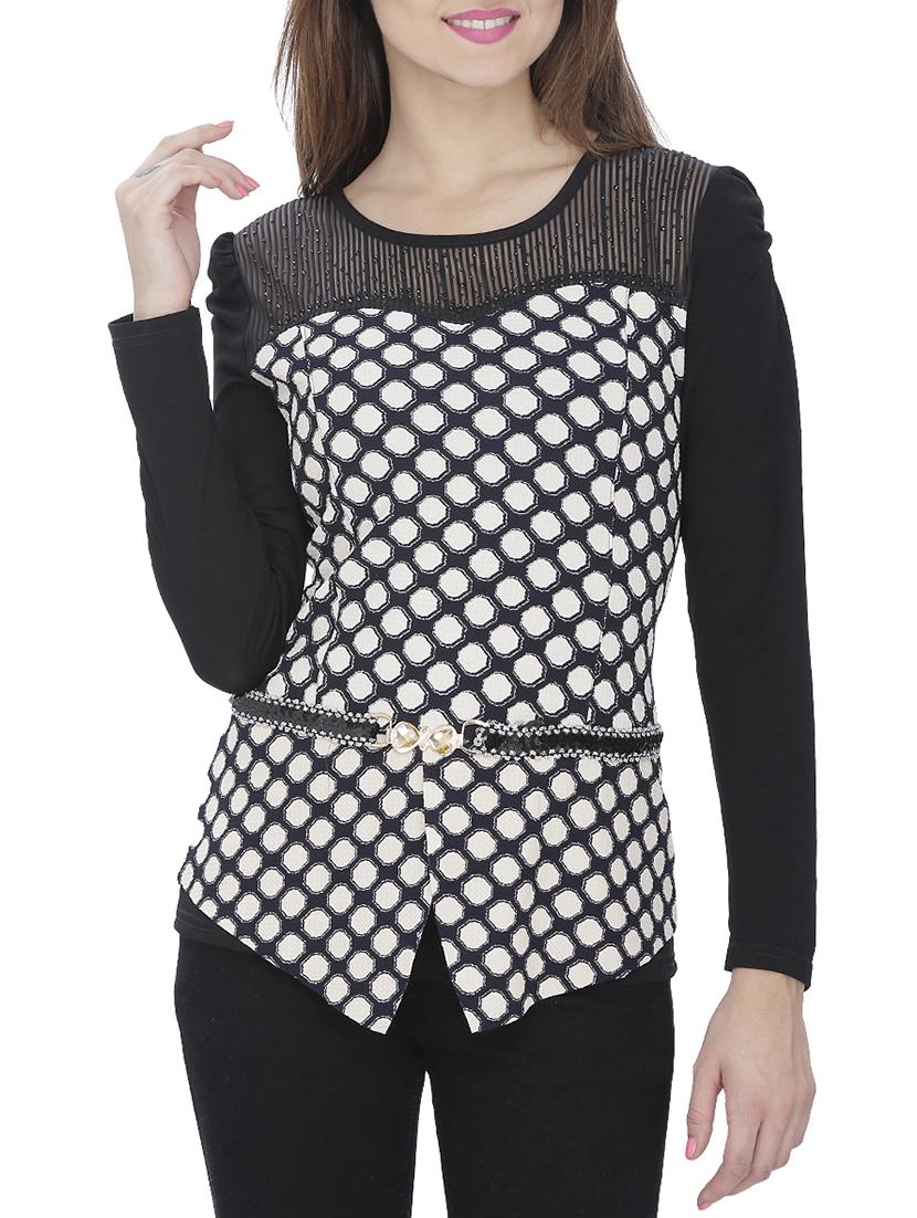 mesh embellished yoke printed top - 15263452 - Zoom Image - 1