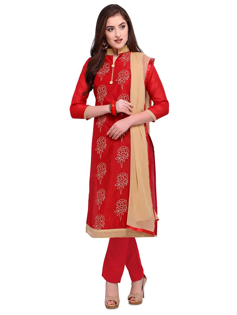 Red embroidered unstitched churidaar suit - 15263537 - Zoom Image - 1