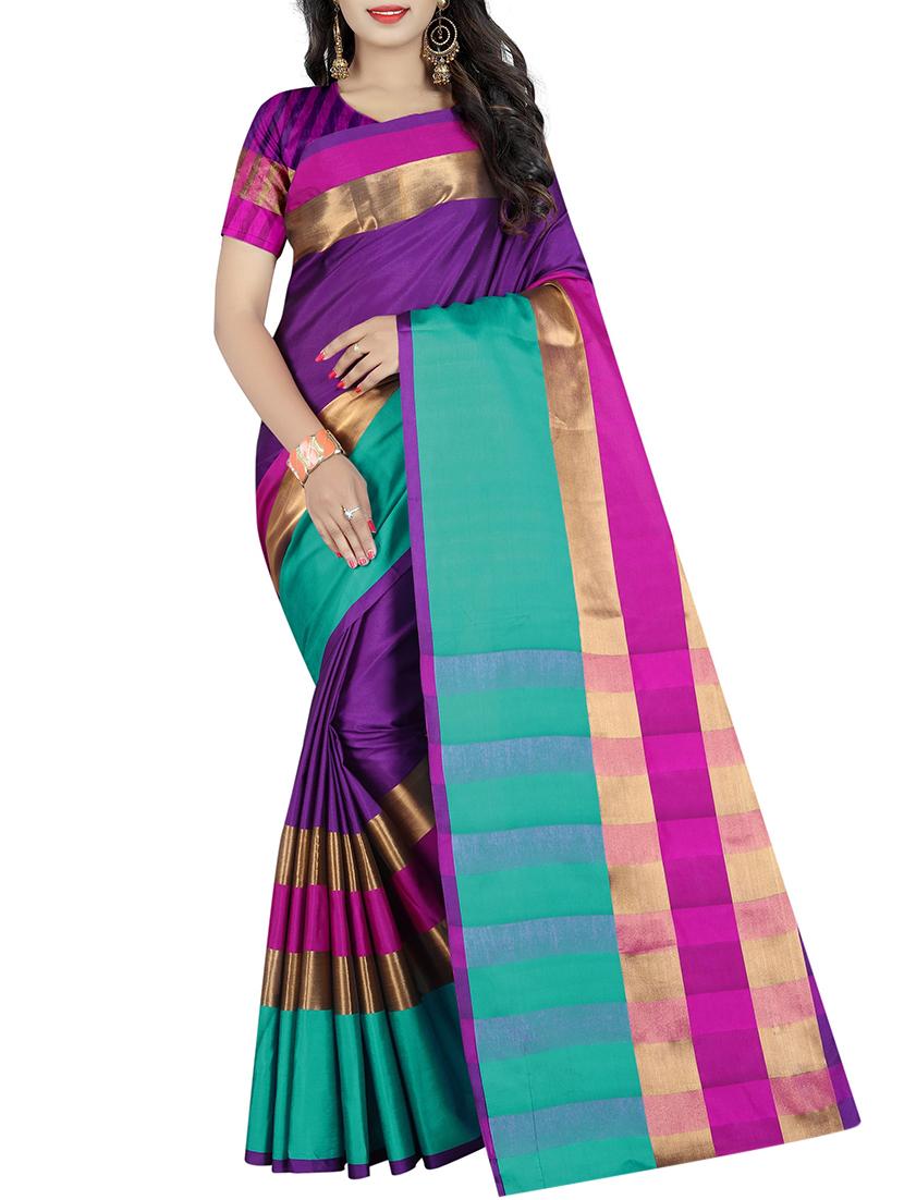 purple cotton bordered saree with blouse - 15264691 - Zoom Image - 1