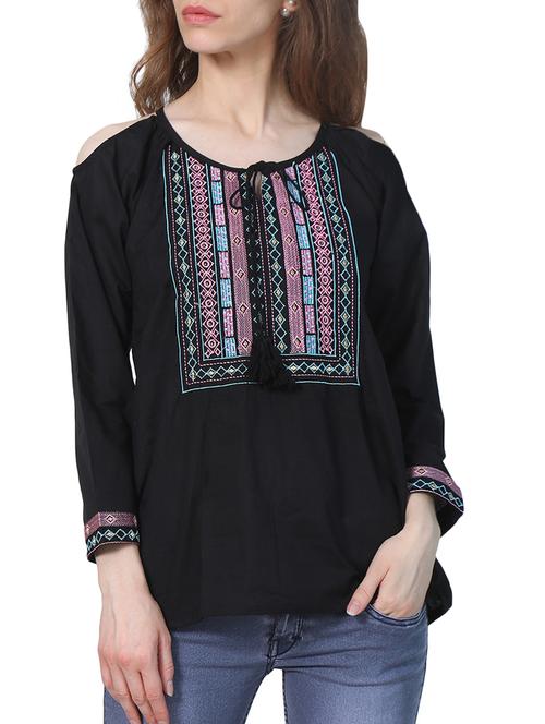 embroidered tie up neck top - 15265645 - Standard Image - 1