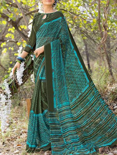 green georgette printed saree with blouse - 15265884 - Very Small Image - 1