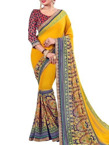 yellow georgette printed saree with blouse - 15266058 - Very Small Image - 1