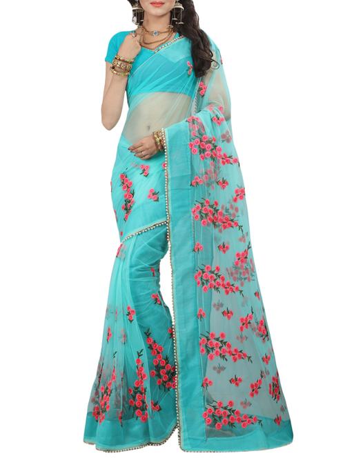 Sky blue embroidered saree with blouse - 15267938 - Standard Image - 1