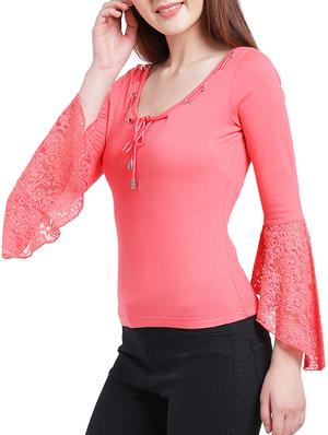 lace bell sleeved tie knot neck top - 15268171 - Standard Image - 2