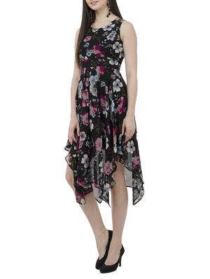 black floral georgette assymetric dress - 15273741 - Standard Image - 2